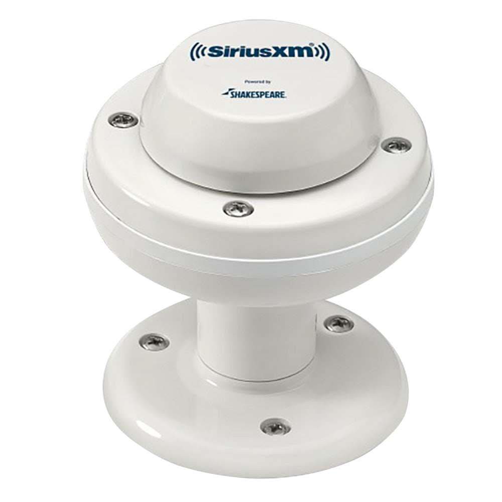 Shakespeare SRA-50 SiriusXM satellite radio antenna with white UV-stabilized housing and 4-way mounting system