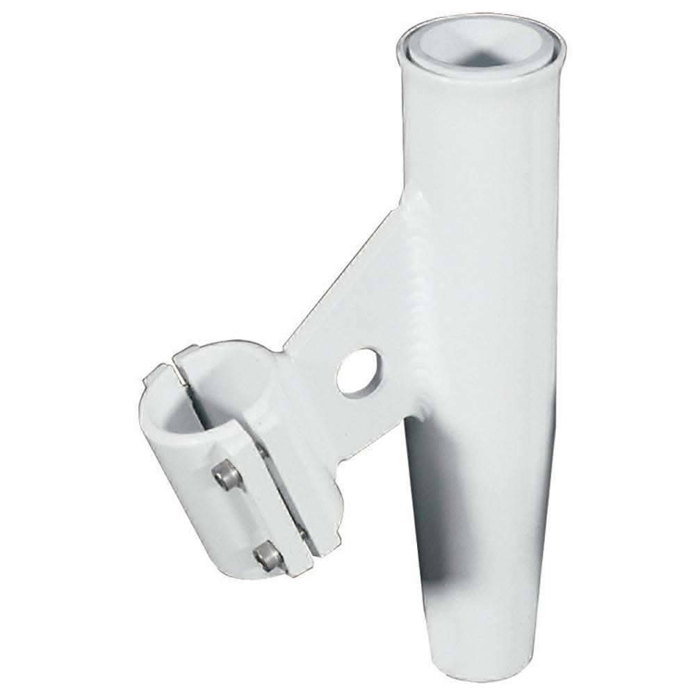White aluminum clamp-on rod holder for 1.050 O.D. pipe, vertical mount, marine grade bolts, polished finish