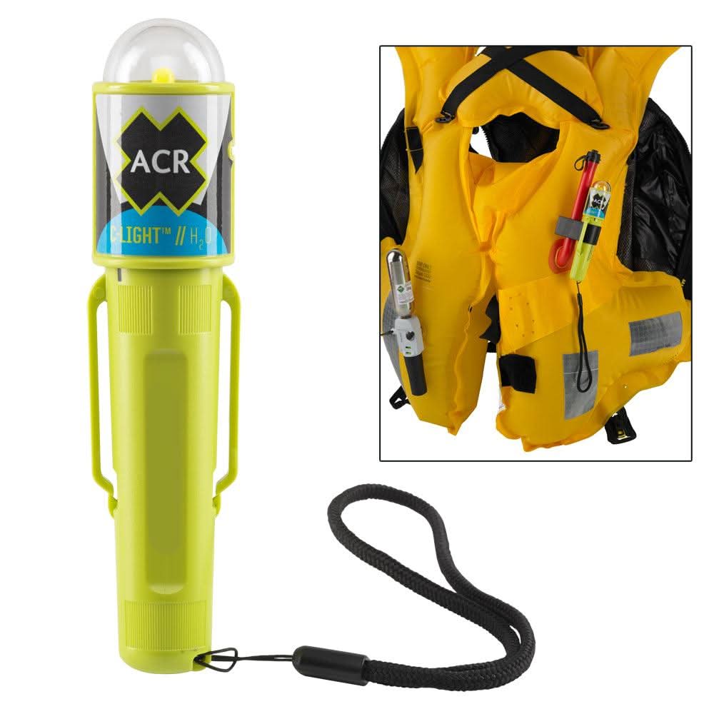 ACR C-Light H20 water activated LED PFD vest light with clip in neon yellow with wrist strap and example attached to life jacket