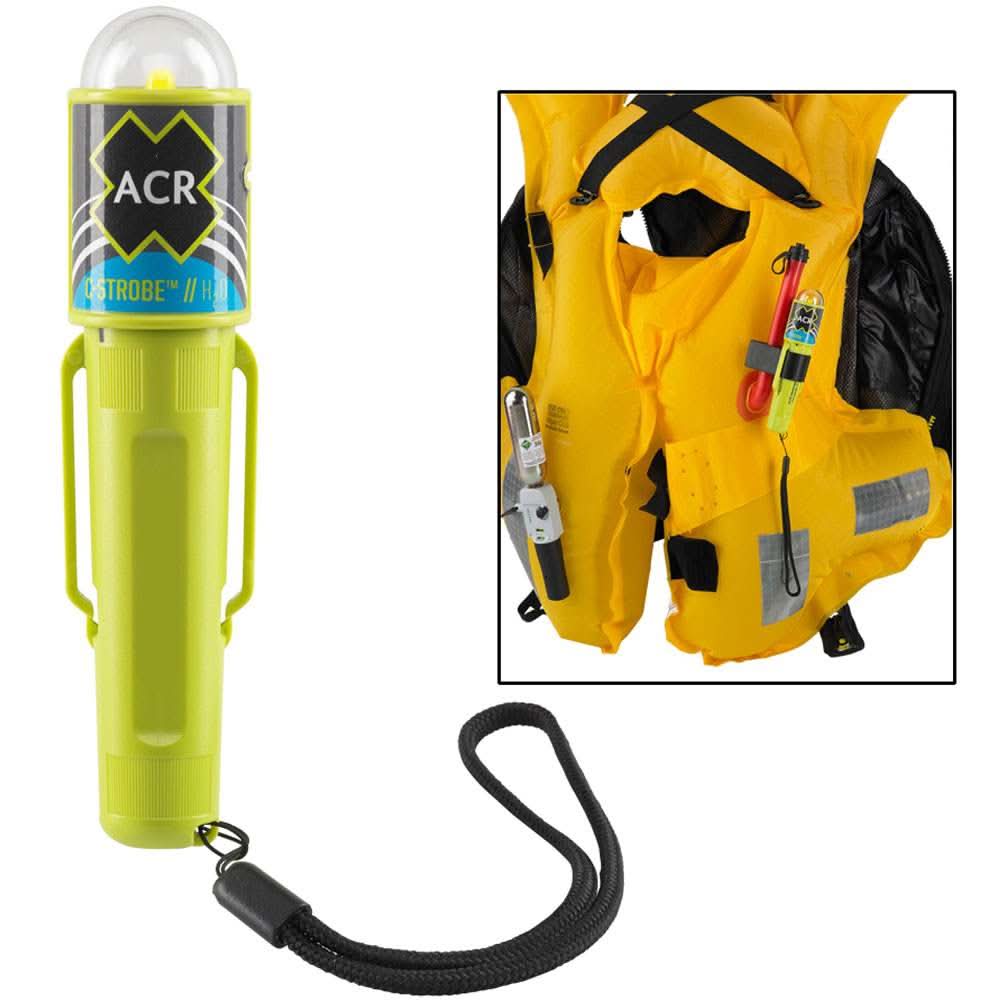 ACR C-Strobe H20 water activated LED emergency strobe with clip attached to life jacket