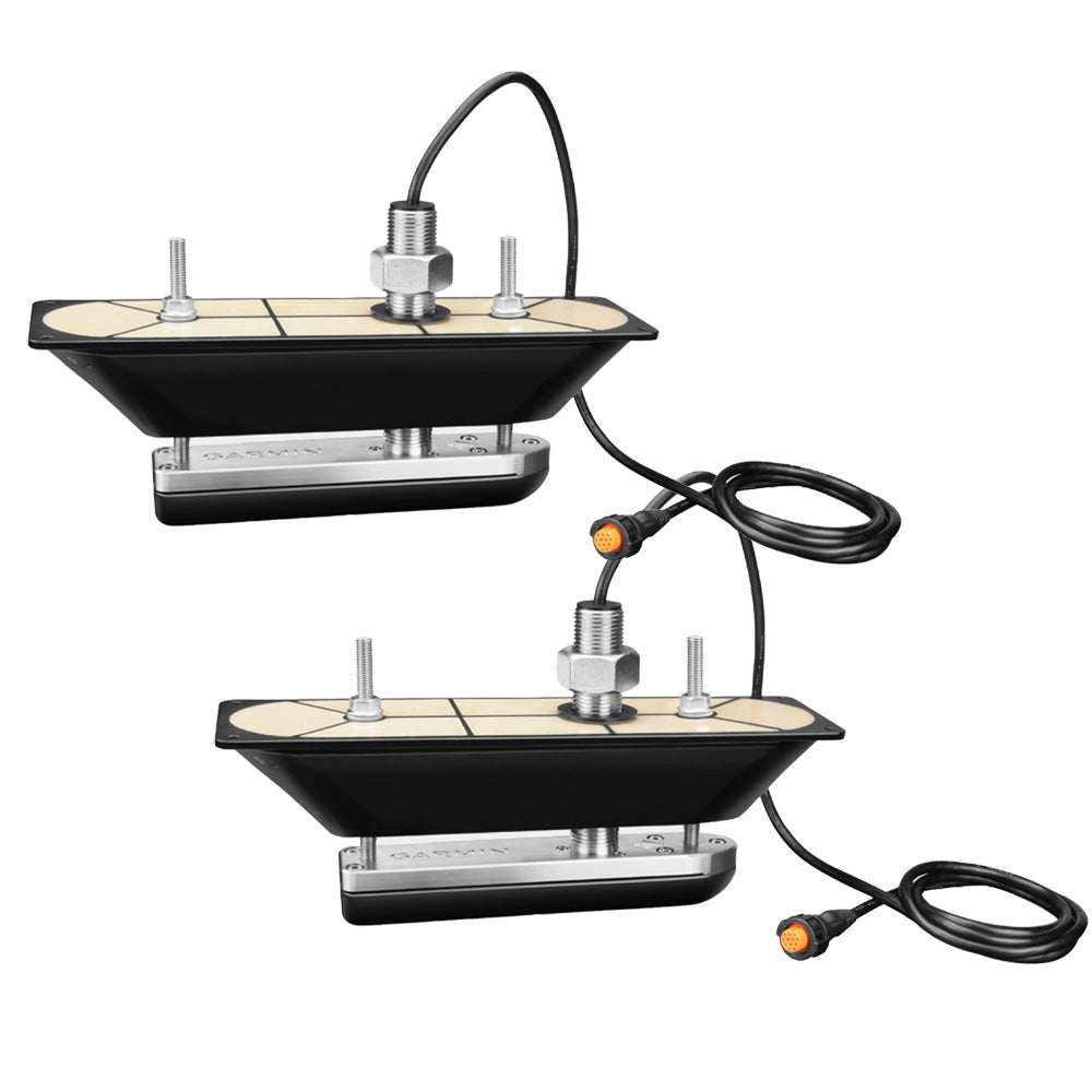 Garmin GT30-THP stainless steel thru-hull pair DownVü/SideVü scanning transducers with temperature sensor and 12-pin connectors for hull deadrises 5 to 25 degrees