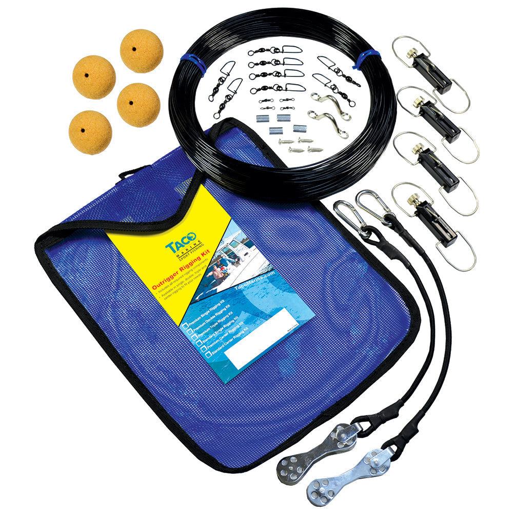TACO Premium Mono Double Rigging Kit with pulleys, monofilament line, tension clips, cork ball stops, stainless steel hardware, swivels, and mesh bag