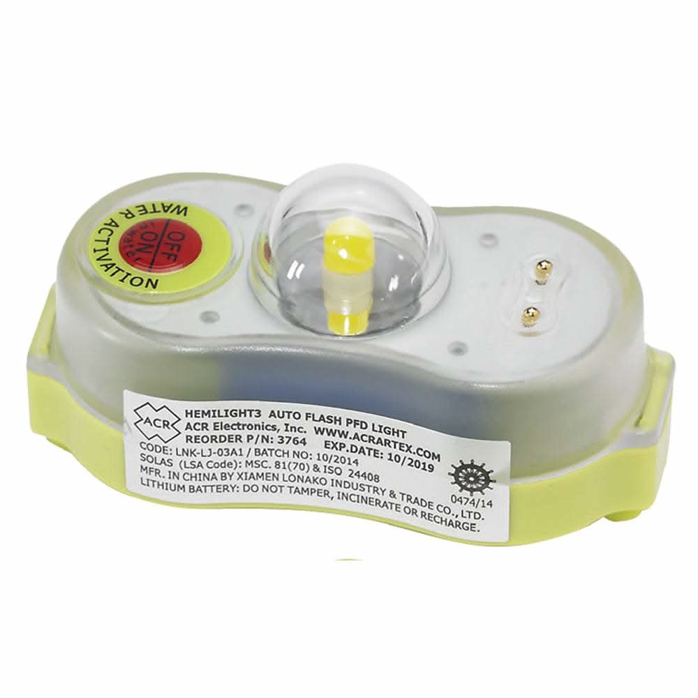ACR HemiLight 3 automatic survivor locator light with activation switch and label details