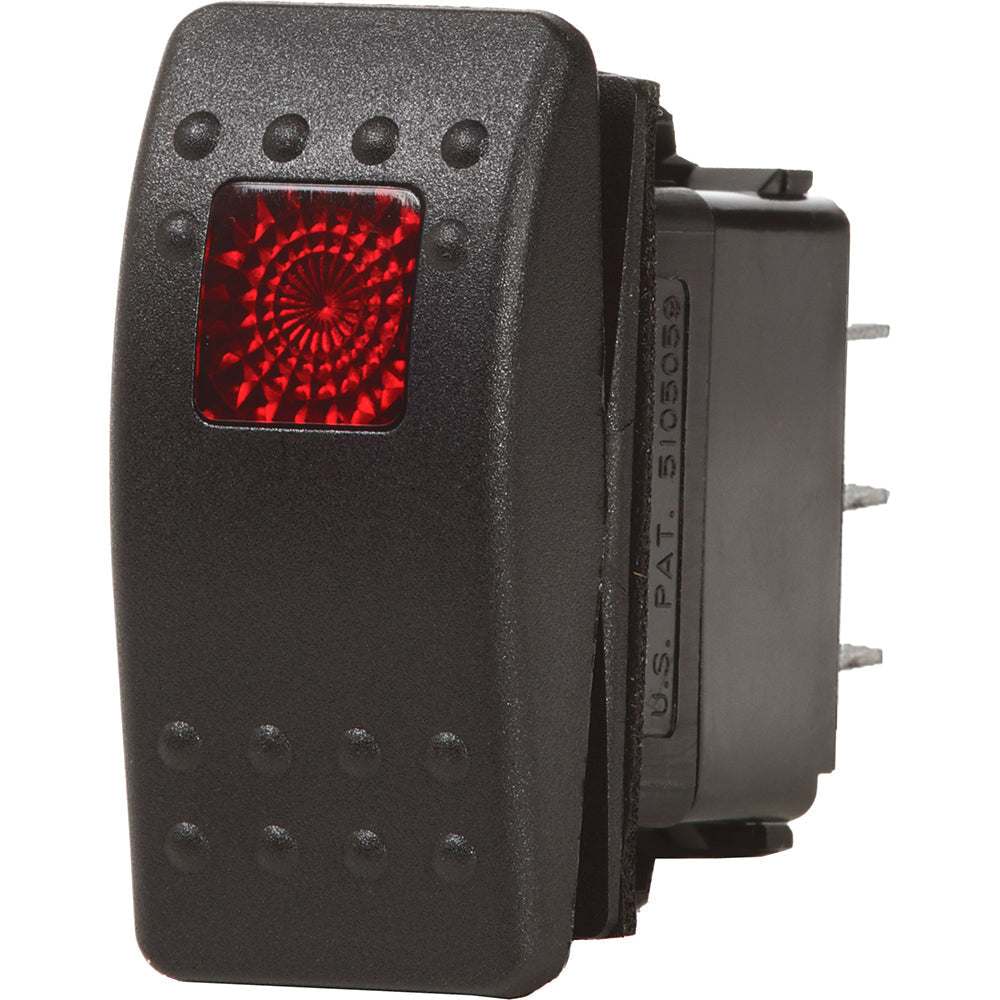 Blue Sea 7932 Contura II SPDT black rocker switch with red indicator light and (ON)-OFF-ON function