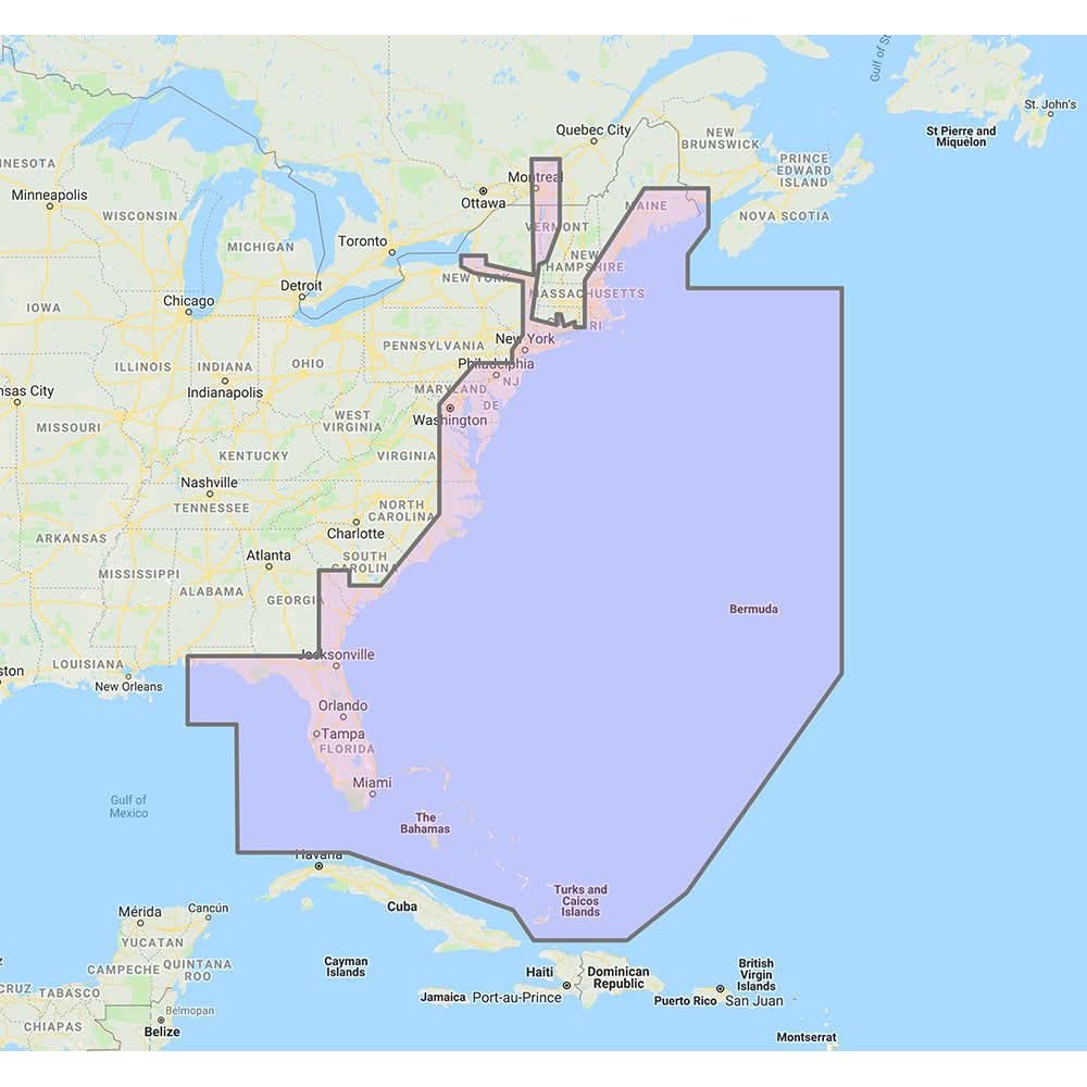Map highlighting U.S. East Coast, Bahamas, and Bermuda coverage area for Furuno vector charts and satellite photos unlock code MM3-VNA-022