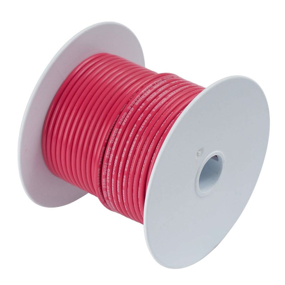 Ancor Red 2/0 AWG tinned copper marine battery cable on white spool, 25 feet long, durable insulation