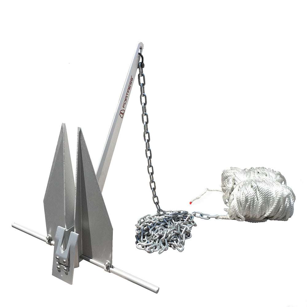 Fortress FX-7 complete anchoring system with anchor, chain, shackle, and rope for boating up to 50 feet depth