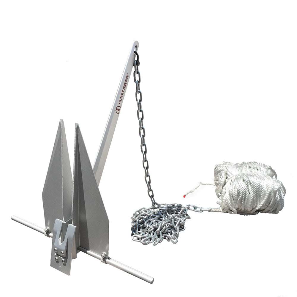 Fortress FX-11 complete anchoring system with anchor, shackle, chain, and rope for boating up to 50 feet water depth