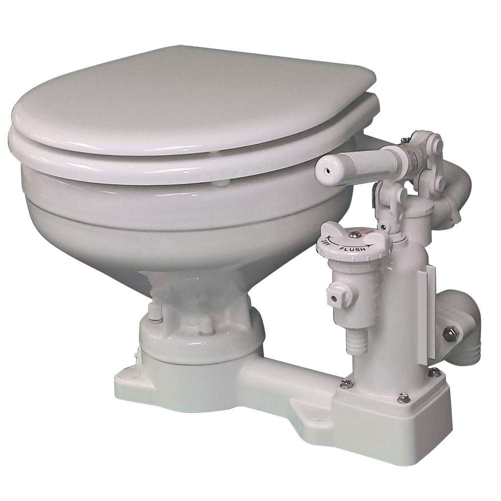 Raritan PH Superflush Toilet with soft-close lid and robust hand pump, designed for easy installation and efficient flushing.