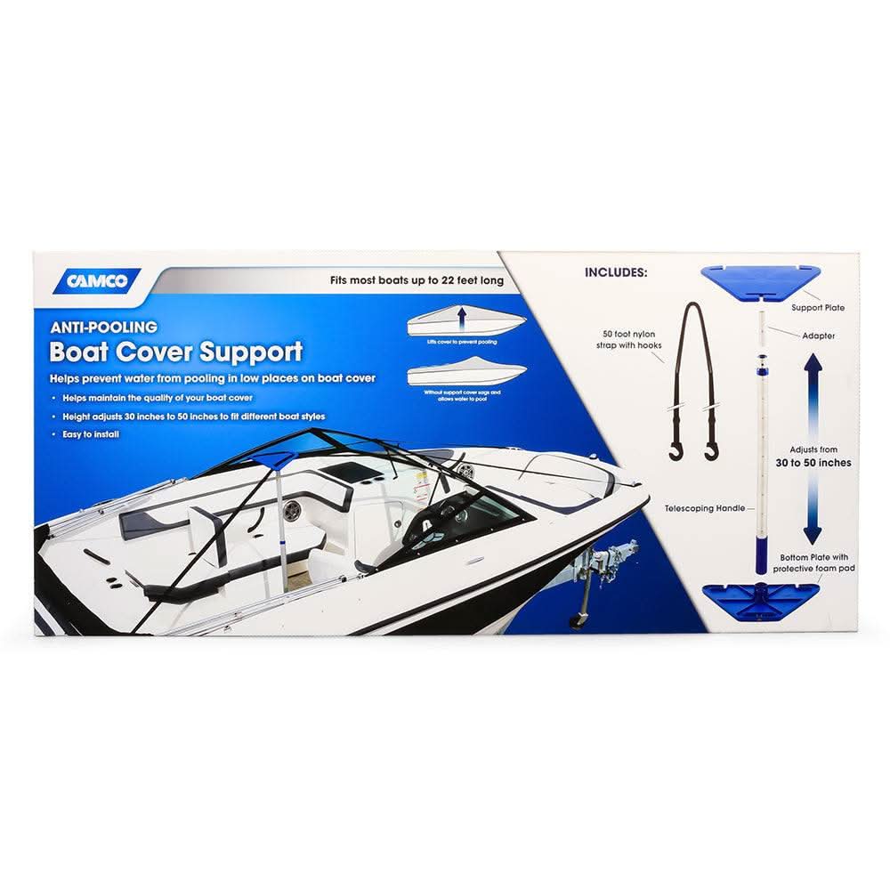 Camco Adjustable Boat Cover Support Kit prevents water pooling, fits boats up to 22 feet, with adjustable telescoping pole and nylon strap.