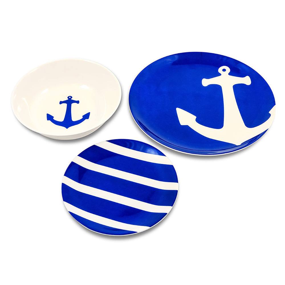 Camco 12-piece BPA free dinnerware set with blue nautical anchor design, includes bowls, small salad plates, and large dinner plates, serves 4