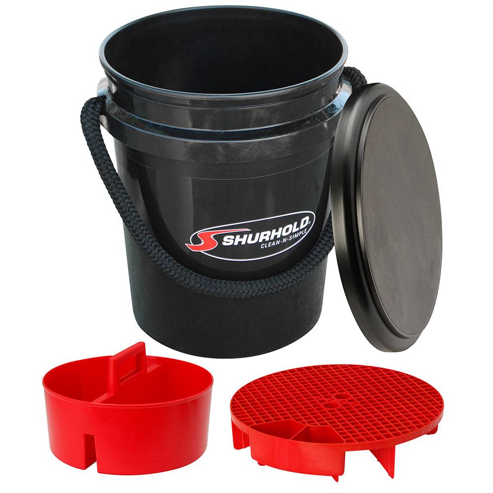Shurhold One Bucket Kit 5 gallon black bucket with lid, red grate and caddy for cleaning supplies organization