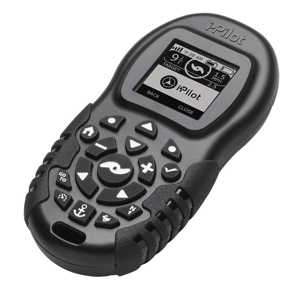 Minn Kota i-Pilot remote control with Bluetooth and large LCD screen for boat navigation and fishing spot lock.