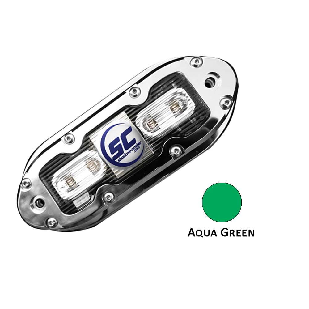 Shadow-Caster SCM-4 LED underwater light with 316 stainless steel housing and 20-foot cable in aqua green color