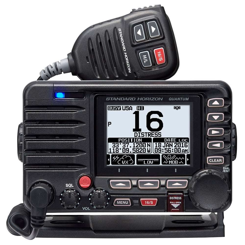 Standard Horizon Quantum GX6000 commercial grade 25W fixed mount VHF radio with NMEA 2000 and integrated AIS receiver displaying distress call on screen