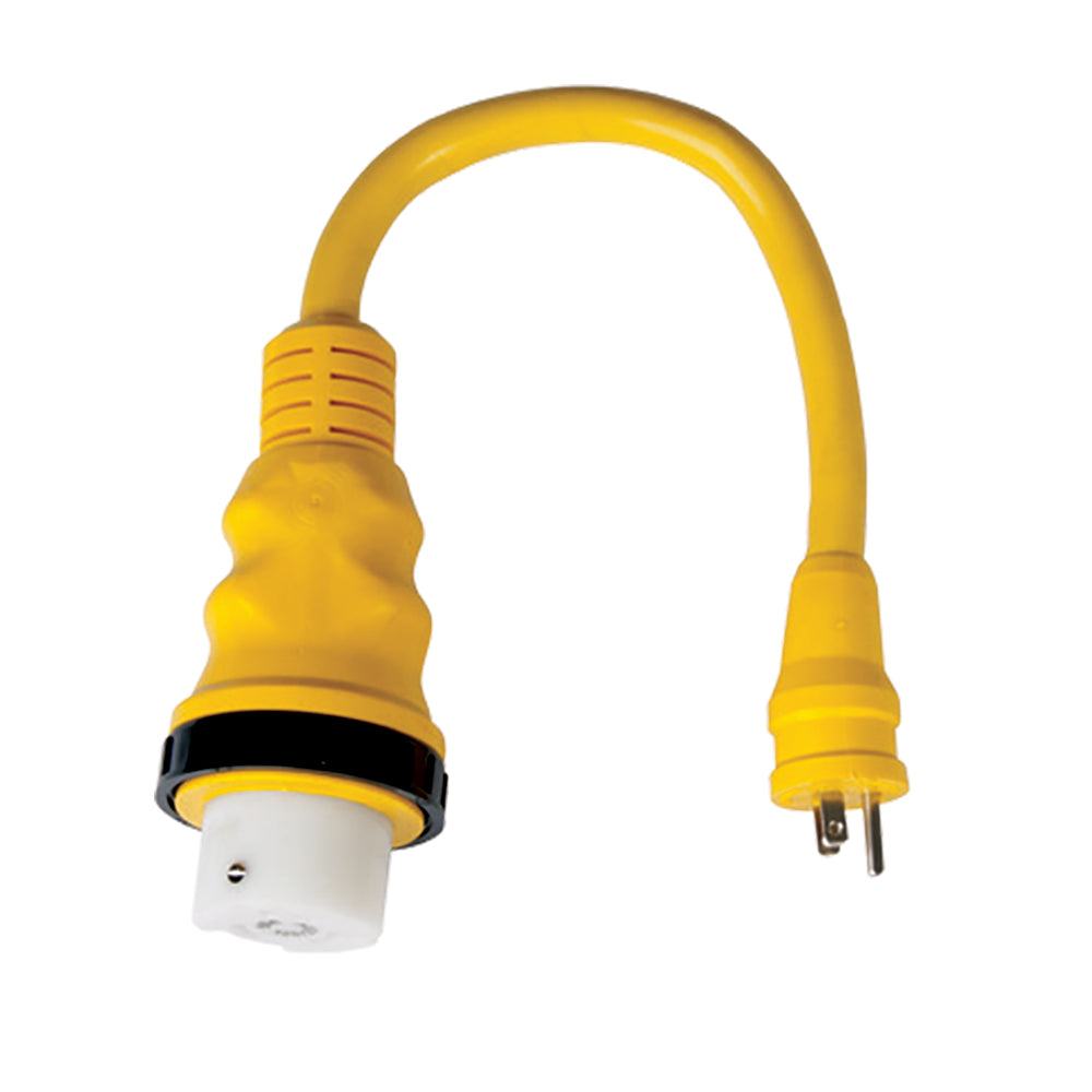 Marinco 15A to 50A 125/250V yellow pigtail adapter with LED indicator and ergonomic design