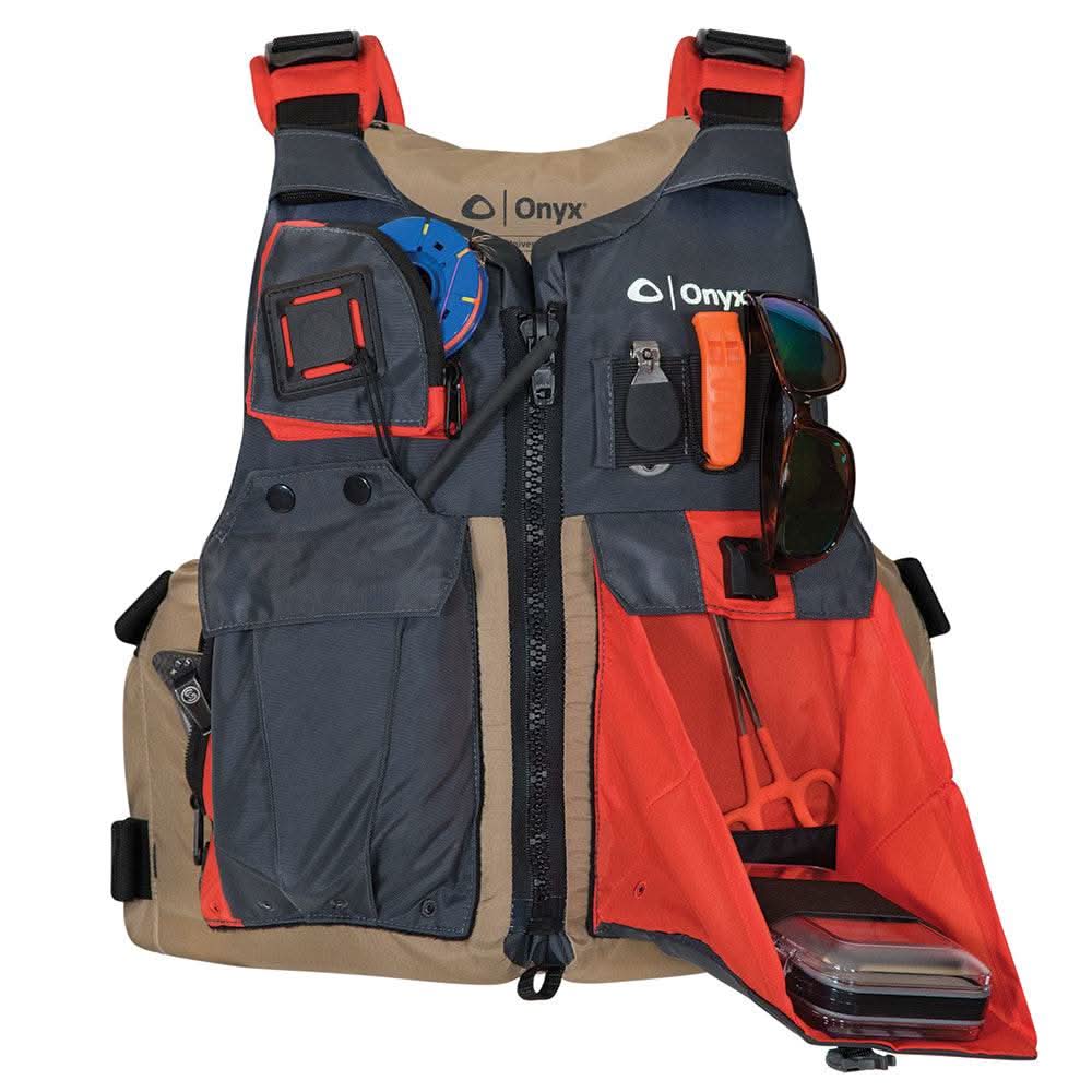 Onyx Kayak Fishing Vest in tan and grey with multiple pockets and adjustable straps for a secure fit