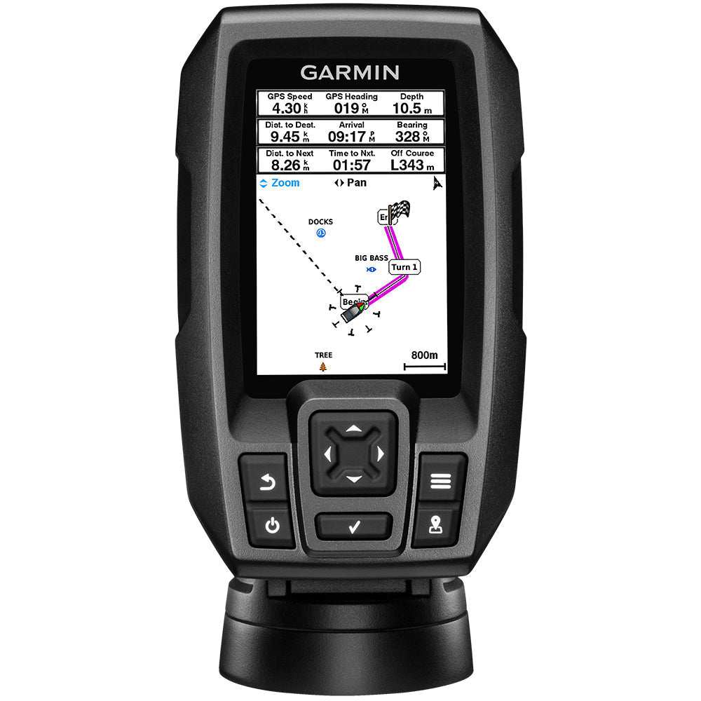 Garmin STRIKER 4 Fishfinder with 3.5-inch color screen, built-in GPS, and 77/200kHz CHIRP transducer displaying waypoint navigation and fish tracking.