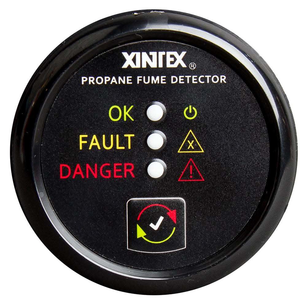 Xintex propane fume detector with black bezel display and LED indicators for OK, fault, and danger levels