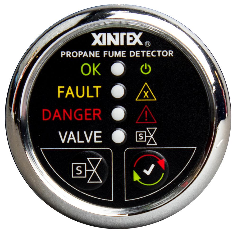 Xintex Propane Fume Detector with chrome bezel, LED indicators, and solenoid valve control