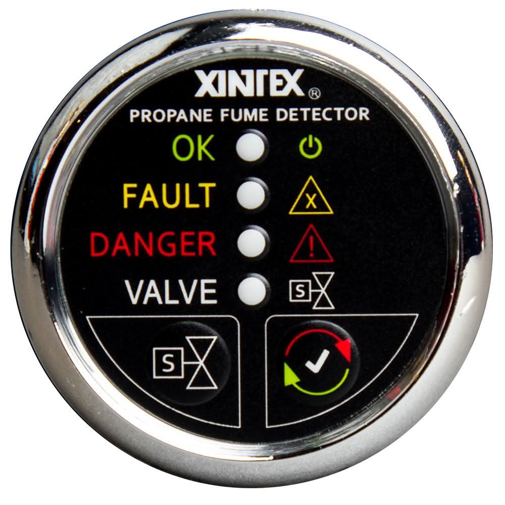 Xintex propane fume detector with chrome bezel, LED indicators, and solenoid valve control button