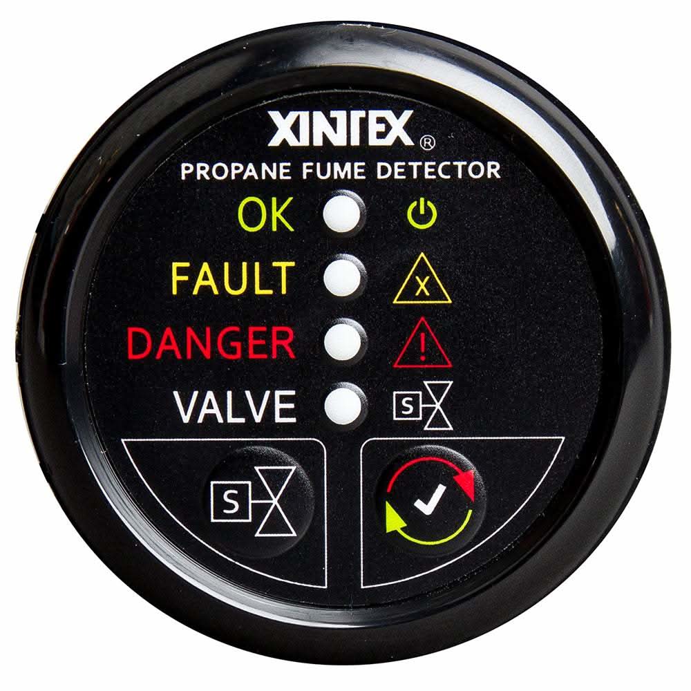 Xintex propane fume detector with automatic shut-off, black bezel display, and LED indicators for gas leak warnings.