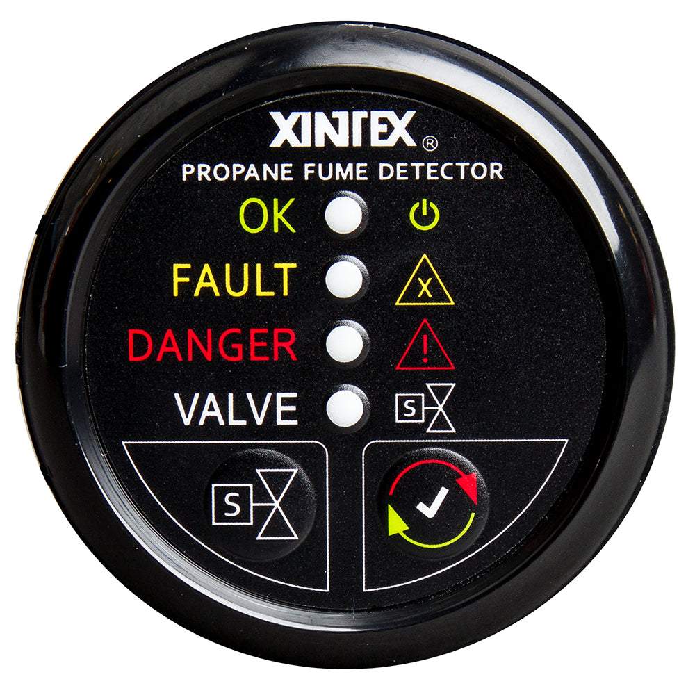 Xintex propane fume detector with automatic shut-off, black bezel display, and LED indicators for gas leak warnings.