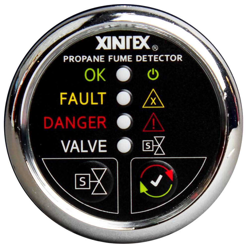 Xintex propane fume detector with chrome bezel and LED indicators for OK, fault, danger, and valve status