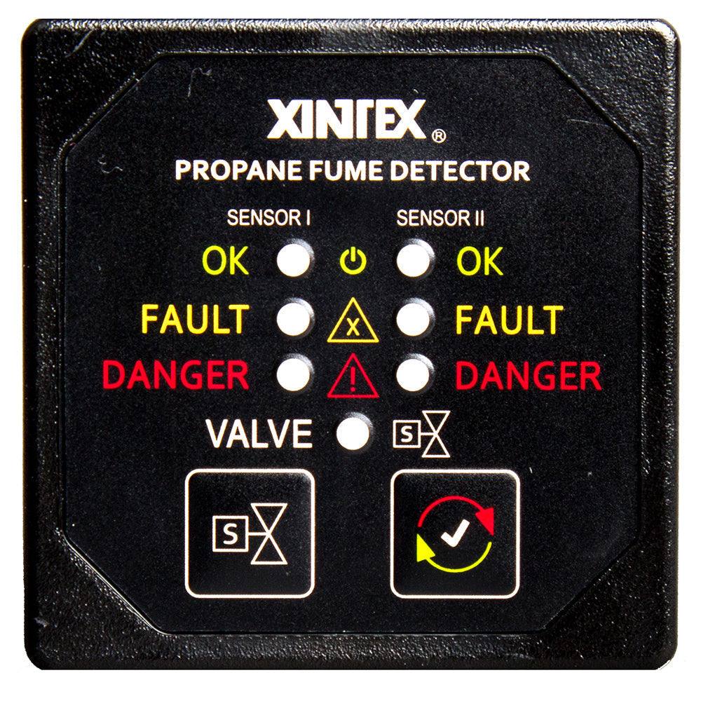 Xintex propane fume detector with dual sensors, black square bezel, LED indicators for OK, Fault, Danger, and valve control icons