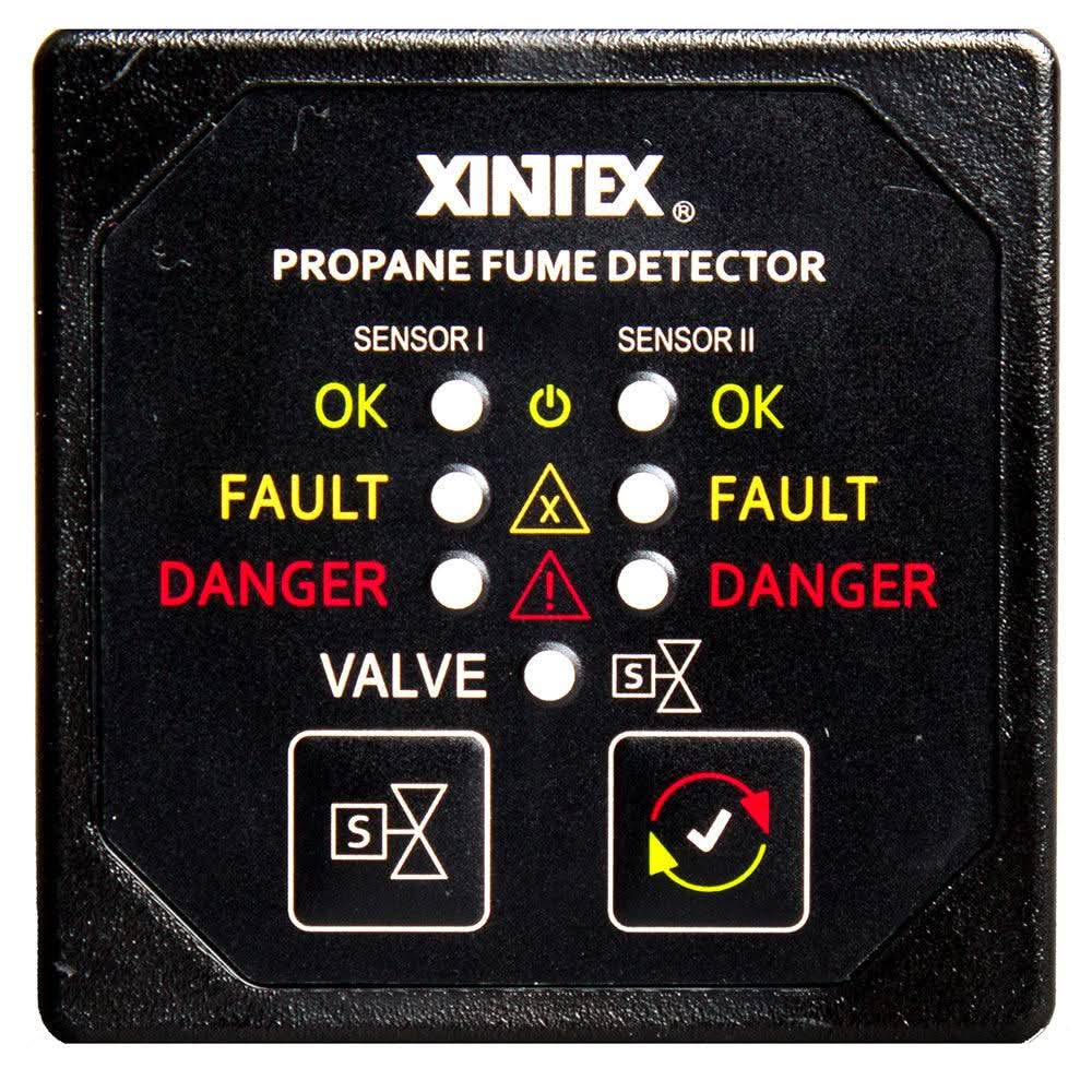 Xintex propane fume detector with dual sensors, black square bezel, LED indicators for OK, Fault, Danger, and valve control icons