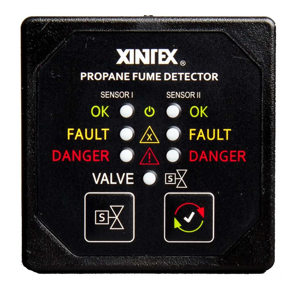 Xintex Propane Fume Detector with black square bezel and dual sensor status LEDs