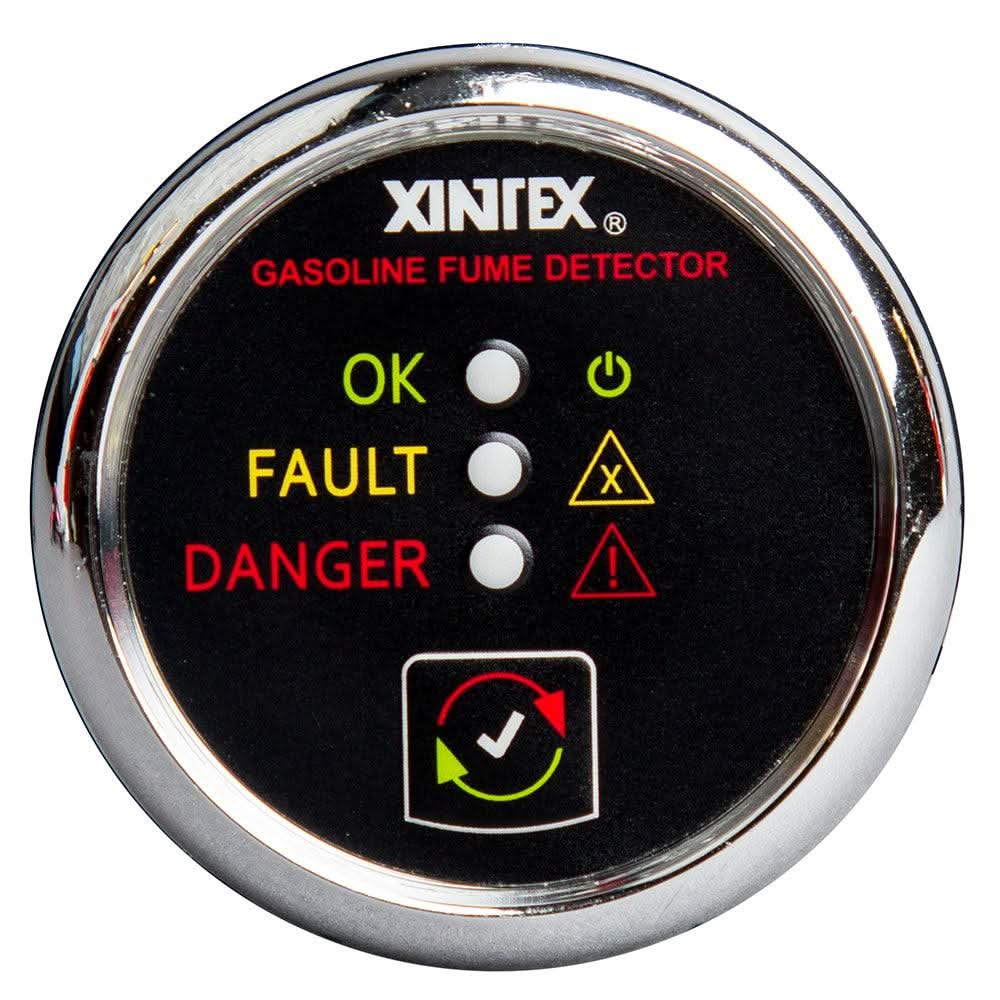 Xintex Gasoline Fume Detector with chrome bezel and LED indicators for OK, Fault, and Danger levels