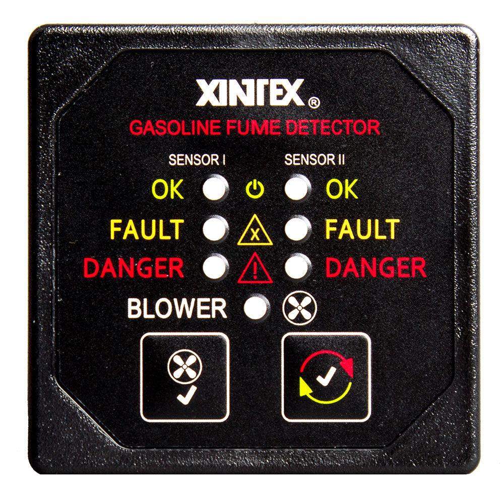 Xintex gasoline fume detector with blower control and dual plastic sensors on black bezel display