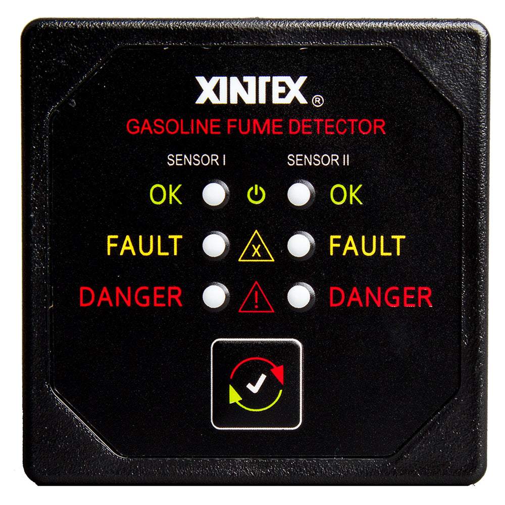 Xintex gasoline fume detector with black bezel display and dual plastic sensors for leak detection