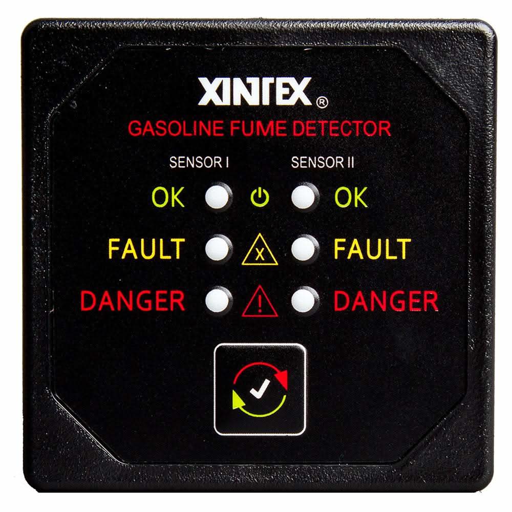 Xintex Gasoline Fume Detector with 2 sensors and black bezel display showing OK, Fault, and Danger indicators