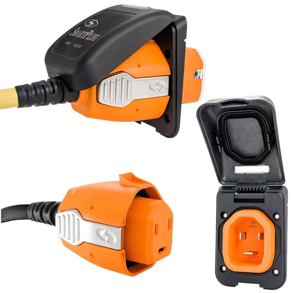 Black and orange 30 amp connector and non-metallic inlet set with push-in design and weatherproof seals