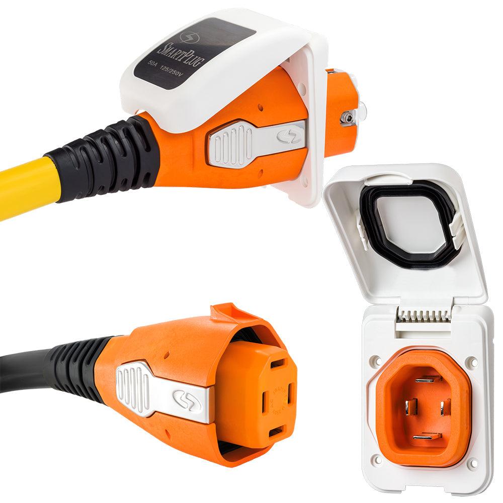 White 50 Amp Connector and Non Metallic Inlet with orange plug and yellow cable for boatside electrical connection