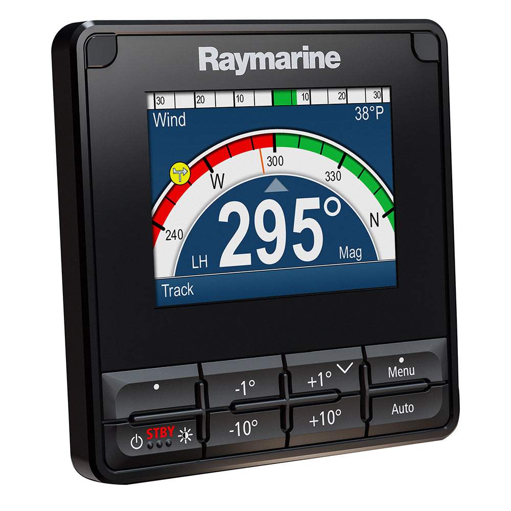 Raymarine p70s autopilot control head with pushbutton interface and bright LCD display showing navigation data