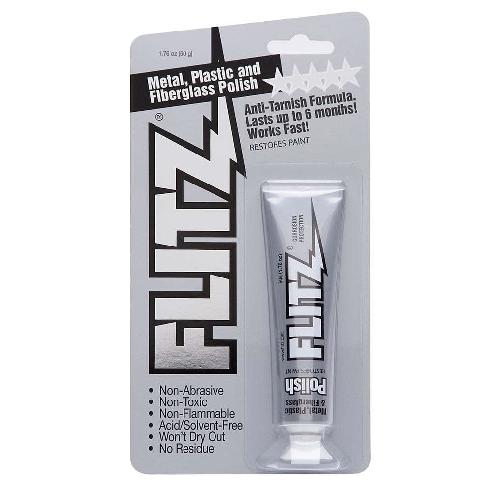 Flitz Polish paste in 1.76oz tube for metal, plastic, and fiberglass with anti-tarnish formula