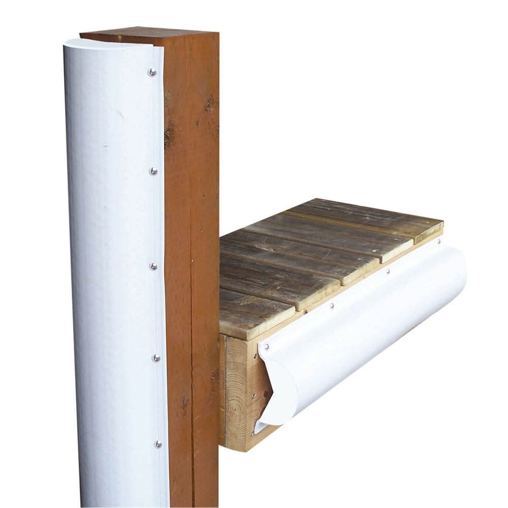 White Dock Edge piling bumper one end capped 6 ft marine grade PVC with UV protection mounted on wooden piling and dock edge