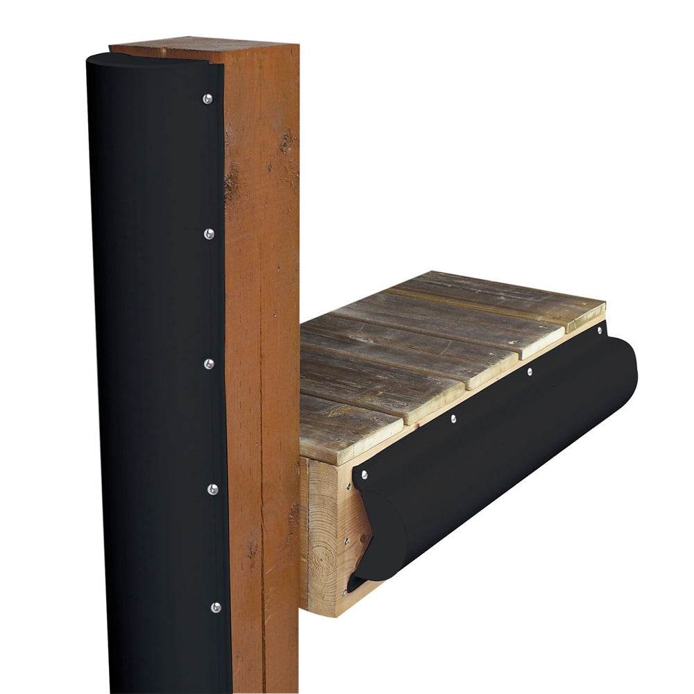 Black 6-foot Dock Edge Piling Bumper with one end capped, marine grade PVC, UV resistant, mounted on dock post and edge