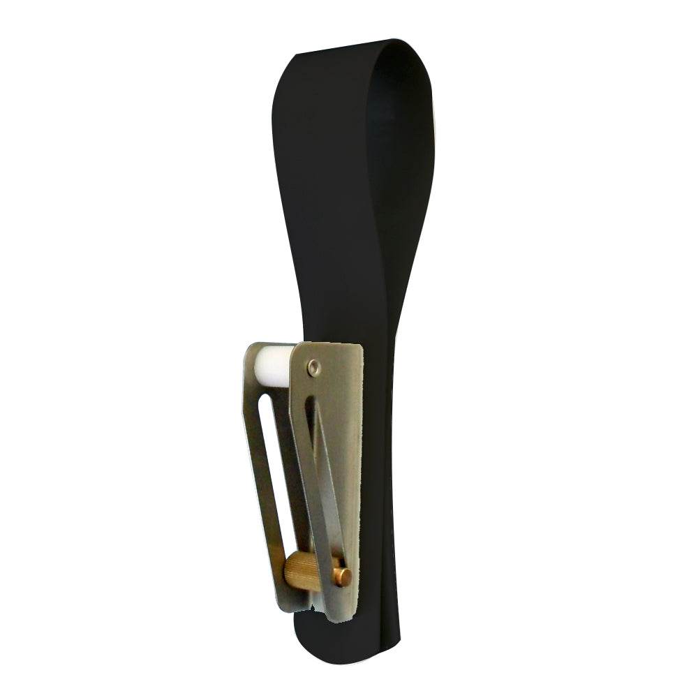 Black Dock Edge Fender Holder with adjustable PVC strap and metal hardware for securing fenders on boats or docks