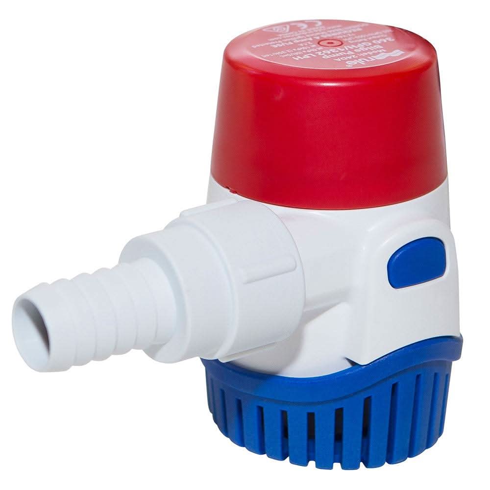 Rule 360GPH 12V standard bilge pump with red top and blue bottom submersible design