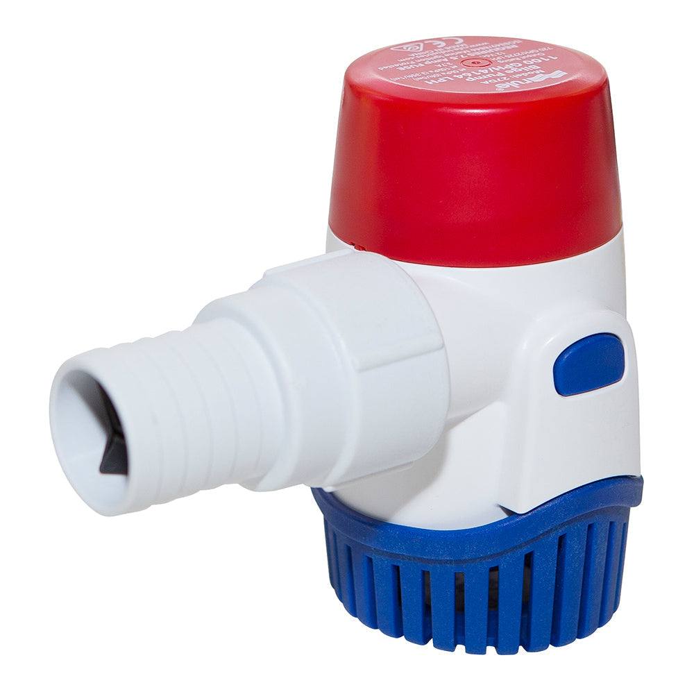 Rule 1100GPH 12V standard bilge pump with red top and blue base designed for high flow water removal