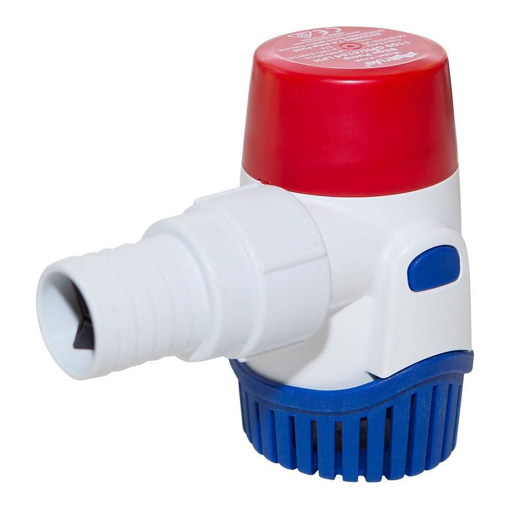 Rule 1100GPH 12V standard bilge pump with red top and blue base designed for high flow water removal