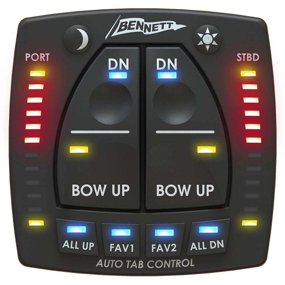 Bennett AutoTrim Pro electric trim tabs control keypad with LED indicators and manual override buttons