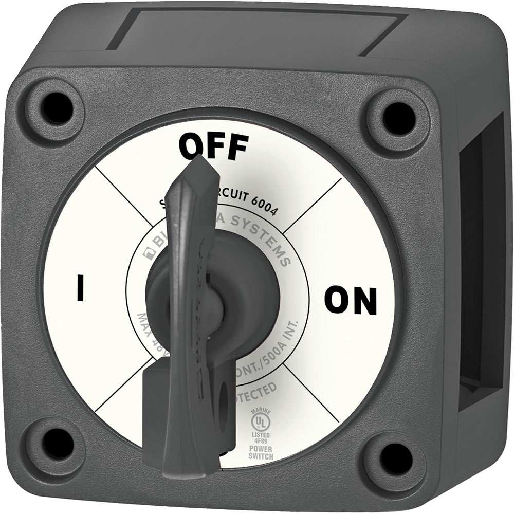 Blue Sea 6004200 black single circuit ON-OFF switch with locking key, 300A rating, tin-plated copper studs, and protective isolating cover