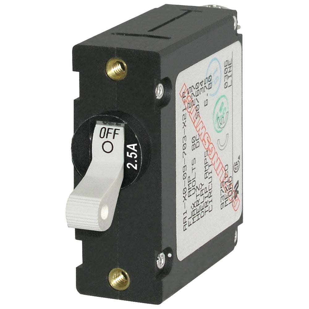 Blue Sea 7917 single pole 2.5A white toggle circuit breaker with trip-free design