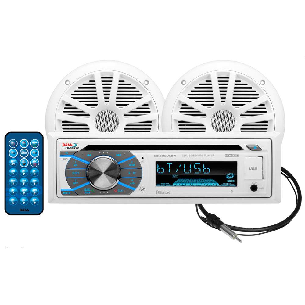 Boss Audio MCK508WB.6 marine receiver with 2 full-range speakers, remote, and antenna, Bluetooth and USB compatible