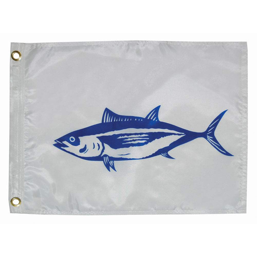 Taylor Made 12x18 inch white tuna flag with blue fish graphic and brass grommets
